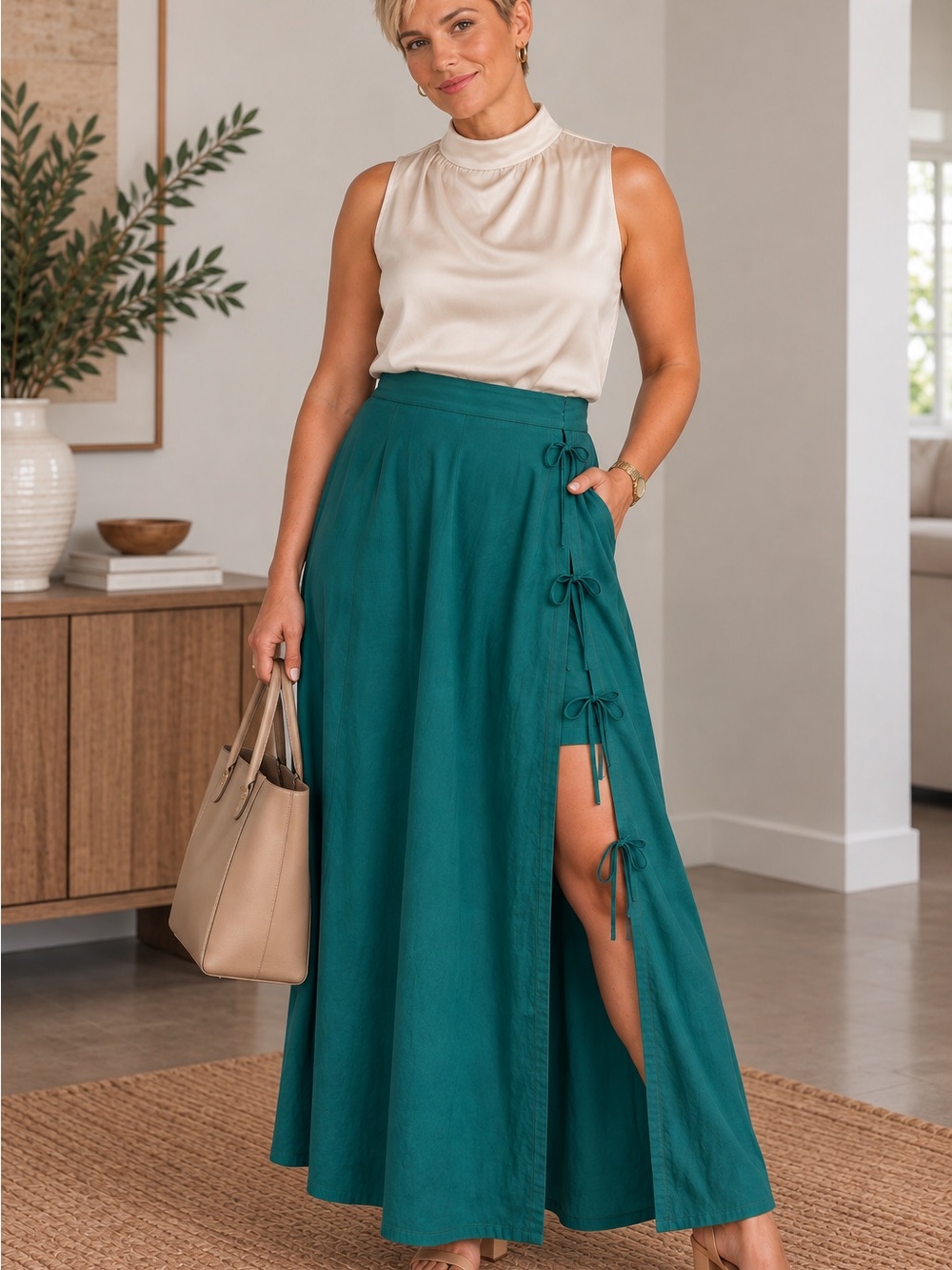 Tibi Teal Maxi Skirt built in Shorts and Side Bow Ties